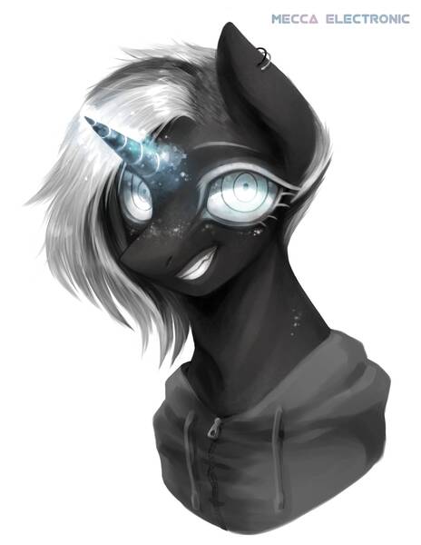 Size: 1414x1828 | Tagged: safe, artist:seamaggie, derpibooru import, oc, oc:mecca electronic, unofficial characters only, pony, unicorn, bust, clothes, ear piercing, glowing horn, hoodie, piercing, portrait