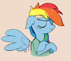 Size: 814x697 | Tagged: safe, artist:suismal, derpibooru import, rainbow dash, pony, read it and weep, bandage, bandaid, bust, clothes, crossed hooves, eyes closed, floppy ears, simple background, solo, spread wings, unamused, wings