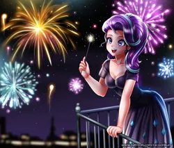 Size: 1300x1110 | Tagged: artist:racoonsan, balcony, breasts, building, city, cleavage, clothes, cute, derpibooru import, dress, female, fireworks, glimmerbetes, happy, happy new year 2018, horn, horned humanization, human, humanized, long nails, new year, new years eve, night, open mouth, safe, smiling, solo, starlight glimmer