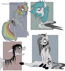 Size: 1024x1132 | Tagged: safe, artist:pinkamenacheshirepie, derpibooru import, oc, oc:circus freak, oc:clockwork crow, oc:jumping jack, oc:twisted, unofficial characters only, earth pony, ghost, pegasus, pony, sad, sitting