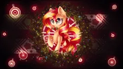 Size: 3840x2160 | Tagged: safe, artist:scarlet-spectrum, artist:skrayp, derpibooru import, edit, sunset shimmer, pony, unicorn, 4k, christmas, cute, holiday, shimmerbetes, solo, wallpaper, wallpaper edit