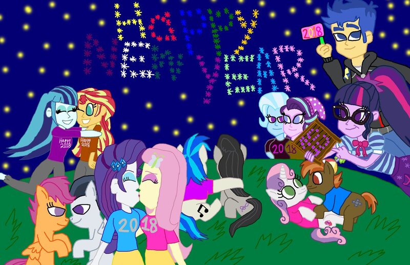 Size: 1112x718 | Tagged: safe, artist:bigpurplemuppet99, derpibooru import, button mash, flash sentry, fluttershy, octavia melody, rarity, rumble, sci-twi, scootaloo, sonata dusk, starlight glimmer, sunset shimmer, sweetie belle, trixie, twilight sparkle, vinyl scratch, equestria girls, equestria girls series, female, flarity, flashlight, happy new year 2018, hug, kissing, lesbian, male, new year, rumbloo, sciflash, scratchtavia, shipping, startrix, straight, sunata, sweetiemash