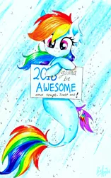 Size: 2121x3370 | Tagged: artist:liaaqila, derpibooru import, female, happy new year, happy new year 2018, holiday, mare, my little pony: the movie, rainbow dash, safe, seaponified, seapony (g4), seapony rainbow dash, sign, smiling, solo, species swap, traditional art, underwater