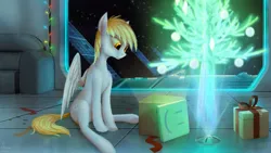 Size: 1280x720 | Tagged: safe, artist:quvr, derpibooru import, derpy hooves, christmas, christmas lights, christmas tree, fairy lights, holiday, hologram, present, solar panel, solo, space, spaceship, tree, window
