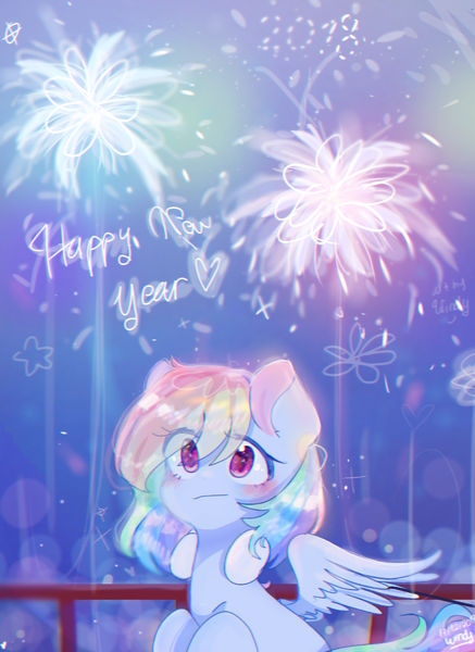 Size: 853x1170 | Tagged: safe, artist:windymils, derpibooru import, rainbow dash, pegasus, pony, cute, dashabetes, female, fireworks, happy new year, happy new year 2018, holiday, mare, multicolored hair, solo