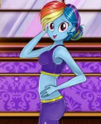 Size: 346x425 | Tagged: suggestive, derpibooru import, rainbow dash, equestria girls, alternate hairstyle, bootleg, breasts, busty rainbow dash, clothes, female, flash game, happy, looking at you, midriff, needs more jpeg, pants, smiling, solo, solo female, sports bra, yoga pants