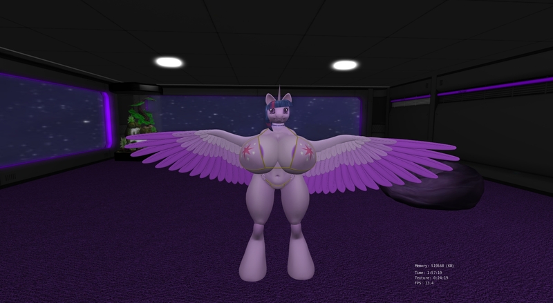 Size: 1600x877 | Tagged: 3d, absolute cleavage, alicorn, anthro, areola, areola slip, artist:alushythetyrant, big breasts, bikini, breasts, busty twilight sparkle, cleavage, clothes, colored wings, derpibooru import, female, hands behind back, huge breasts, impossibly large breasts, multicolored wings, nipples, nudity, questionable, second life, solo, solo female, spread wings, swimsuit, thighs, twilight sparkle, twilight sparkle (alicorn), unguligrade anthro, wardrobe malfunction, wings