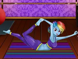 Size: 720x546 | Tagged: safe, derpibooru import, rainbow dash, human, equestria girls, armpits, ass, backbend, belly, big breasts, breasts, busty rainbow dash, clothes, feet, flash game, flexible, happy, humanized, looking at you, midriff, needs more jpeg, pants, smiling, yoga, yoga pants