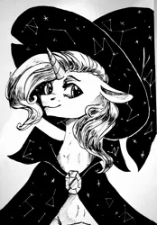 Size: 1500x2160 | Tagged: safe, artist:weird--fish, derpibooru import, trixie, pony, unicorn, black and white, cape, clothes, female, floppy ears, grayscale, hat, mare, monochrome, smiling, solo, traditional art, trixie's cape, trixie's hat