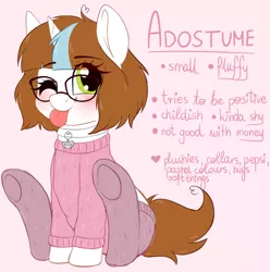 Size: 2409x2425 | Tagged: safe, artist:adostume, derpibooru import, oc, oc:adostume, unofficial characters only, pony, unicorn, clothes, collar, female, fluffy, glasses, mare, messy hair, reference sheet, sitting, small, solo, stockings, sweater, thigh highs, tongue out