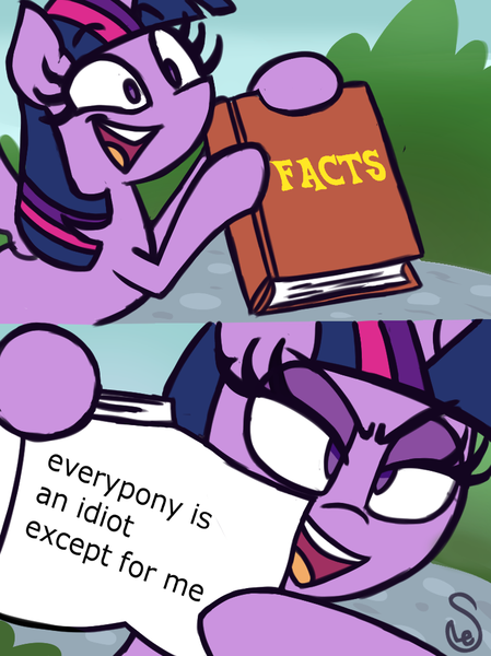 Size: 760x1015 | Tagged: safe, artist:quarium edits, derpibooru import, edit, twilight sparkle, twilight sparkle (alicorn), alicorn, pony, 2 panel comic, bipedal, comic, ed edd n eddy, english, exploitable, exploitable meme, frown, i had an accident, looking at you, meme, showing, smiling, solo, spongebob squarepants, text, twilight's fact book, well it's true