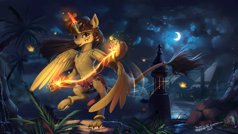 Size: 1920x1080 | Tagged: safe, artist:discordthege, derpibooru import, oc, oc:katya ironstead, unofficial characters only, alicorn, pony, sphinx, alicorn oc, chest fluff, clothes, coast, commission, dancing, dress, egypt, egyptian, female, fire, magic, mare, moon, ocean, paws, pyramid, scenery, solo, sphinx oc, spread wings, wings