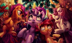 Size: 3833x2293 | Tagged: safe, artist:holivi, derpibooru import, apple bloom, scootaloo, starlight glimmer, sweetie belle, earth pony, pegasus, pony, unicorn, adorabloom, candy, candy cane, christmas, christmas tree, cookie, cute, cutealoo, cutie mark crusaders, diasweetes, eyes closed, female, filly, food, glimmerbetes, holiday, legs in air, looking up, mare, mouth hold, nom, on back, on the floor, open mouth, present, side, sleeping, smiling, tree, underhoof