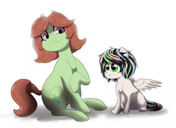 Size: 3102x2261 | Tagged: safe, artist:marukouhai, derpibooru import, oc, oc:daisy, oc:stormie, unofficial characters only, earth pony, pegasus, pony, adopted offspring, female, filly, high res, offspring, parent:thunderlane, parent:tree hugger, parent:zephyr breeze, parents:zephyrhugger, sitting