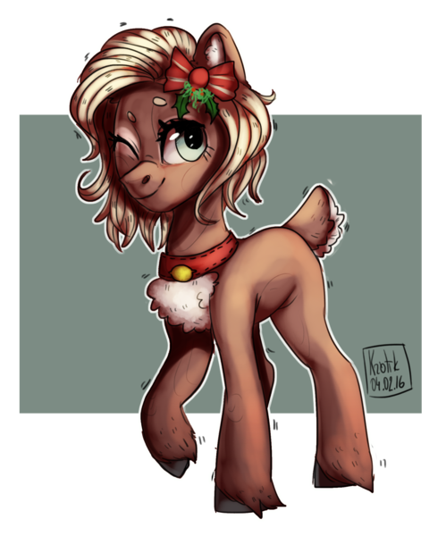 Size: 1850x2223 | Tagged: safe, artist:krotik, derpibooru import, oc, unofficial characters only, deer, earth pony, hybrid, pony, bell, bow, chest fluff, collar, dear tail, hair bow, holly, one eye closed, smiling, solo, wink