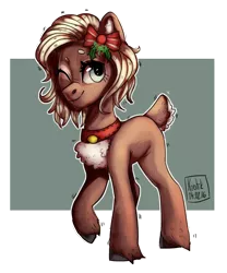 Size: 1850x2223 | Tagged: safe, artist:krotik, derpibooru import, oc, unofficial characters only, deer, earth pony, hybrid, pony, bell, bow, chest fluff, collar, dear tail, hair bow, holly, one eye closed, smiling, solo, wink