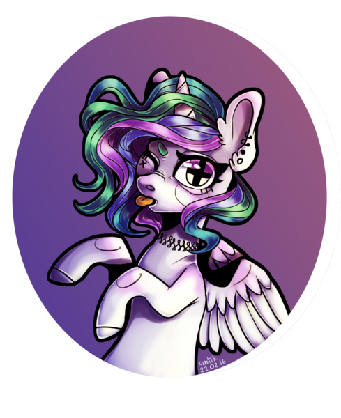 Size: 1750x2146 | Tagged: safe, artist:krotik, derpibooru import, princess celestia, alicorn, pony, choker, cute, cutelestia, female, mare, one eye closed, piercing, raspberry, simple background, solo, tongue out, transparent background, wink