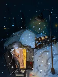 Size: 810x1080 | Tagged: artist:agm, automobile, buick roadmaster, car, caravan, clothes, dark, derpibooru import, female, human, humanized, lamppost, looking up, mug, new year, new years eve, night, pants, safe, smiling, snow, snowfall, solo, steam, street lamp, sweater, trixie, trixie's wagon, wagon, wandering trixie, winter