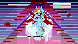 Size: 3309x1861 | Tagged: artist:lixthefork, bill cipher, blood, cipher, derpibooru import, rainbow dash, scared, semi-grimdark, solo, triangle