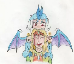 Size: 738x640 | Tagged: semi-grimdark, artist:kuroneko, derpibooru import, princess ember, thorax, changedling, changeling, dragon, human, biting, blood, claws, colored pencil drawing, dragoness, elf ears, embrax, female, humanized, interspecies, king thorax, long ears, long hair, male, my girlfriend is a t-rex, red eyes, shark teeth, shipping, simple background, smiling, sparkles, straight, traditional art, white background, winged humanization, wings