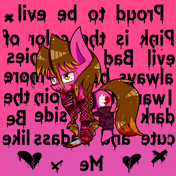 Size: 1861x1861 | Tagged: artist:lixthefork, blood, clothes, derpibooru import, happy, heart, knife, leggings, oc, oc:lix, semi-grimdark, shirt, solo, unofficial characters only