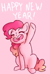 Size: 1080x1586 | Tagged: dead source, safe, artist:the-pastel-artisan, derpibooru import, pinkie pie, earth pony, pony, cute, dialogue, diapinkes, eyes closed, female, heart mouth, mare, new year, open mouth, pink background, raised hoof, simple background, sitting, smiling, solo