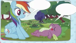 Size: 751x430 | Tagged: safe, derpibooru import, edit, rainbow dash, spike, dragon, blushing, magazine scan, official, out of context, scan, speech bubble, template
