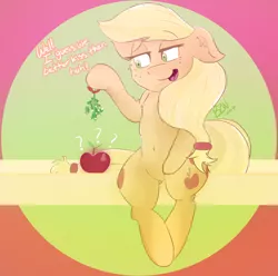 Size: 900x893 | Tagged: safe, artist:bow2yourwaifu, derpibooru import, applejack, earth pony, pony, abstract background, apple, cargo ship, christmas, confused, female, food, freckles, holiday, implied kissing, lidded eyes, mare, mistletoe, question mark, shipping, solo, that pony sure does love apples