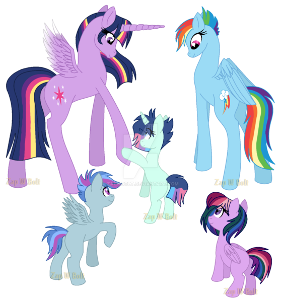 Size: 1280x1377 | Tagged: safe, artist:detoxx-retoxx, derpibooru import, rainbow dash, twilight sparkle, twilight sparkle (alicorn), oc, alicorn, family, female, lesbian, magical lesbian spawn, offspring, parent:rainbow dash, parent:twilight sparkle, parents:twidash, shipping, simple background, transparent background, twidash, watermark