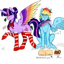 Size: 2400x2400 | Tagged: safe, artist:captainloafnugget, derpibooru import, rainbow dash, twilight sparkle, twilight sparkle (alicorn), alicorn, christmas, clothes, female, holiday, lesbian, mistletoe, shipping, socks, striped socks, twidash