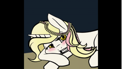 Size: 854x480 | Tagged: safe, artist:wordsandpunctuation, derpibooru import, oc, oc:crystal wishes, unofficial characters only, pony, unicorn, animated, blushing, female, happy birthday, horn, mare, offspring, parent:jet set, parent:upper crust, parents:upperset, solo, speech, unicorn oc