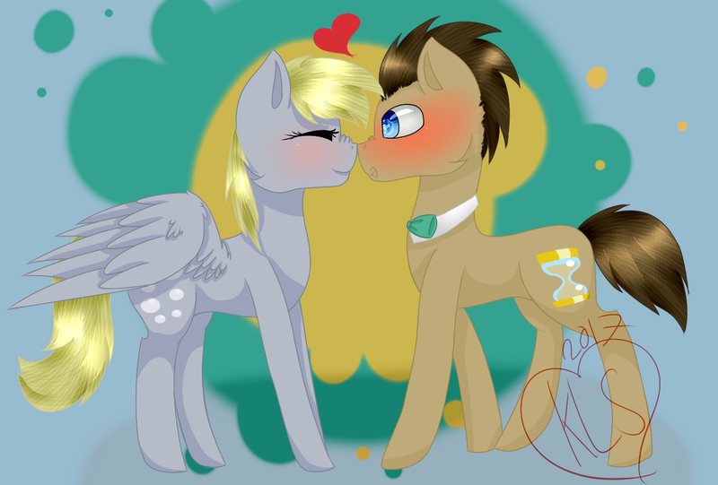 Size: 1381x934 | Tagged: safe, artist:kittynightsky, derpibooru import, derpy hooves, doctor whooves, time turner, earth pony, pegasus, pony, blushing, boop, cute, doctorderpy, eyes closed, female, heart, male, mare, noseboop, nuzzling, shipping, stallion, straight