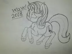 Size: 2346x1770 | Tagged: safe, artist:paskanaakka, derpibooru import, starlight glimmer, pony, unicorn, 2018, :t, female, happy new year 2018, leg fluff, mare, meme, monochrome, shrunken pupils, sketch, smiling, solo, traditional art, unshorn fetlocks, wide eyes, wow, wow! glimmer