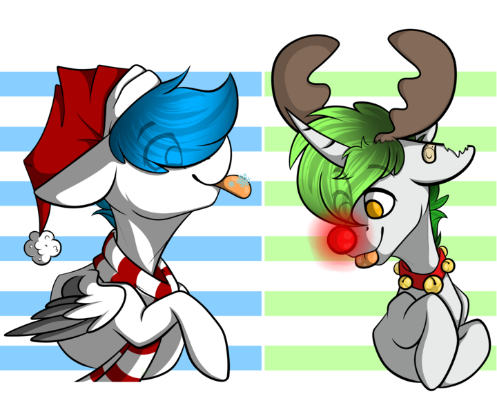 Size: 6000x5000 | Tagged: safe, artist:hellishprogrammer, derpibooru import, oc, oc:jeremy, oc:michael, unofficial characters only, pegasus, pony, unicorn, absurd resolution, antlers, clothes, male, red nose, reindeer antlers, scarf, stallion, tongue out