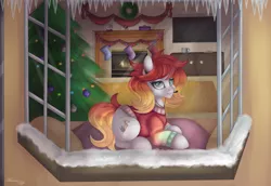 Size: 4500x3100 | Tagged: safe, artist:merienvip, derpibooru import, oc, unofficial characters only, earth pony, pony, christmas, christmas tree, clothes, female, fireplace, high res, holiday, mare, prone, solo, sweater, tree, window, wreath