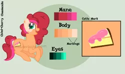 Size: 1834x1094 | Tagged: safe, artist:ipandacakes, derpibooru import, oc, oc:chimi cherry cheesecake, unofficial characters only, earth pony, pony, female, mare, offspring, parent:cheese sandwich, parent:pinkie pie, parents:cheesepie, reference sheet, solo