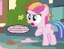 Size: 729x567 | Tagged: safe, derpibooru import, edit, edited screencap, screencap, toola roola, earth pony, pony, fame and misfortune, angry, cropped, female, filly, implied oc, pun, speech bubble, toola roola will be painting away