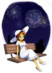 Size: 1164x1621 | Tagged: safe, artist:twilite-sparkleplz, derpibooru import, sunset shimmer, equestria girls, 2018, bench, city, clothes, dress, female, fireworks, happy new year 2018, silhouette, sitting, solo