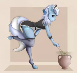 Size: 1000x950 | Tagged: anthro, anthro oc, artist:karat3l, clothes, derpibooru import, duster, female, looking at you, maid, oc, oc:flakey hailstone, raised leg, solo, solo female, stockings, suggestive, thigh highs, unguligrade anthro, unofficial characters only