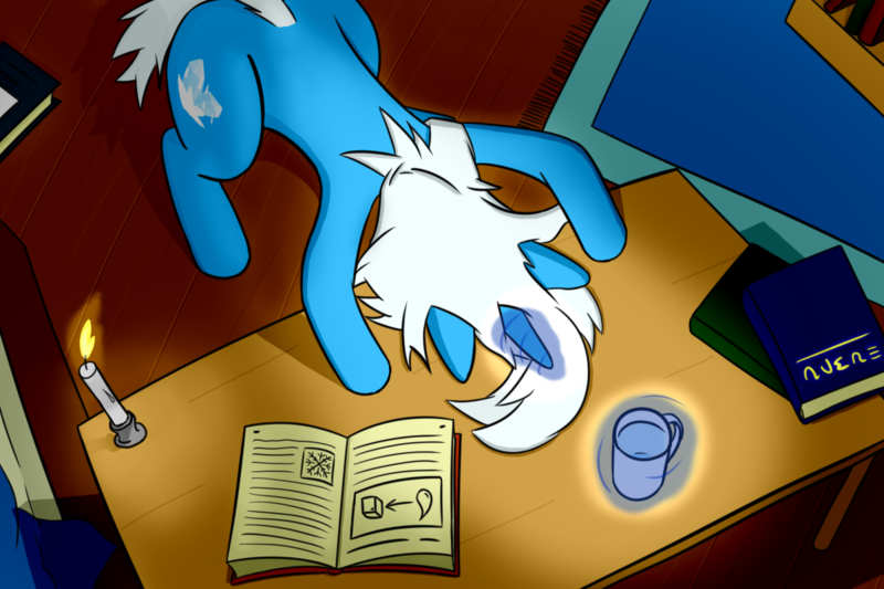 Size: 1200x800 | Tagged: safe, artist:gexon_pane, derpibooru import, oc, oc:icy wave, unofficial characters only, unicorn, bed, book, bookshelf, candle, carpet, female, glass, magic, mare, solo, table