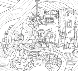 Size: 8800x8000 | Tagged: safe, artist:docwario, derpibooru import, angel bunny, fluttershy, oc, oc:willowtree, deer, pony, absurd resolution, book, bookshelf, candle, canon x oc, chair, chandelier, fireplace, lineart, monochrome