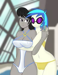 Size: 1280x1646 | Tagged: suggestive, artist:fimbulvinter, derpibooru import, octavia melody, vinyl scratch, equestria girls, big breasts, breasts, busty octavia, busty vinyl scratch, cameltoe, clothes, erect nipples, female, females only, lesbian, nipple outline, scratchtavia, shipping, sunglasses, swimsuit, that pool