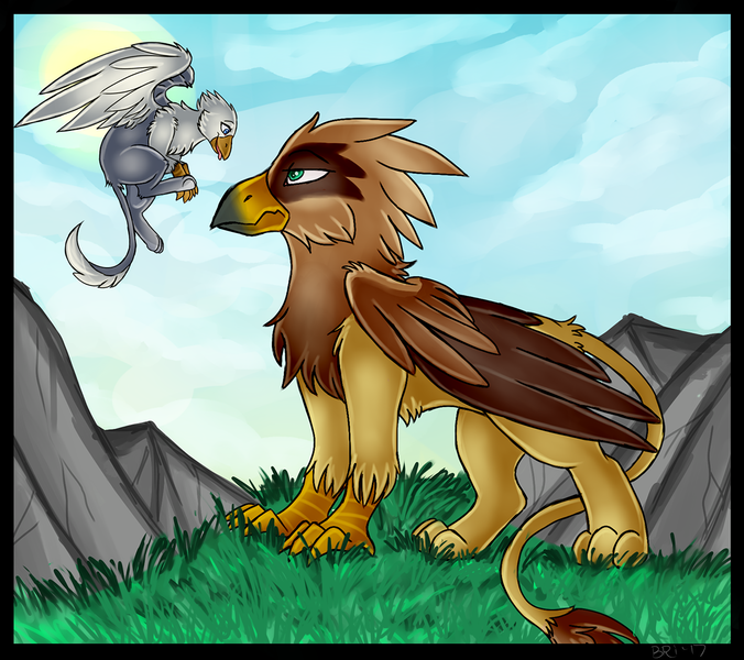 Size: 1234x1096 | Tagged: safe, artist:guts_opossum, derpibooru import, oc, oc:der, oc:serilde, unofficial characters only, gryphon, duo, female, flying, male, micro, tongue out