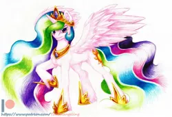 Size: 1280x874 | Tagged: safe, artist:thatonegib, derpibooru import, princess celestia, alicorn, pony, colored pencil drawing, ethereal mane, female, looking at you, mare, patreon, patreon logo, redraw, simple background, solo, spread wings, traditional art, unshorn fetlocks, white background, wings