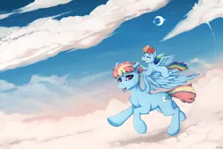 Size: 1280x853 | Tagged: safe, artist:blackkaries, derpibooru import, rainbow dash, windy whistles, pegasus, pony, cloud, crescent moon, cute, dashabetes, duo, female, filly, filly rainbow dash, hug, mare, moon, mother and daughter, night, on a cloud, sky, stars, winghug, younger