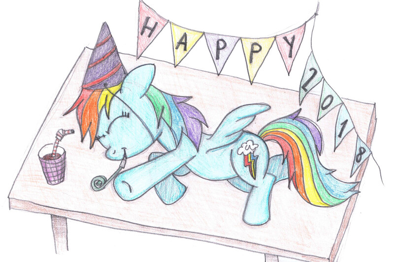 Size: 1200x800 | Tagged: safe, artist:m.w., derpibooru import, rainbow dash, happy new year 2018, hat, new year, party hat, party horn, sleeping, solo