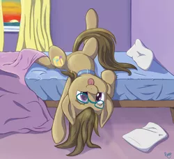 Size: 1510x1378 | Tagged: safe, artist:pexpy, derpibooru import, oc, oc:dawnsong, unofficial characters only, earth pony, pony, :p, :t, bed, blanket, choker, colored pupils, cute, daaaaaaaaaaaw, female, glasses, looking at you, mare, ocbetes, on back, on bed, pillow, raised leg, signature, silly, smiling, solo, sunrise, tongue out, upside down, window