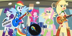 Size: 1094x553 | Tagged: safe, derpibooru import, screencap, applejack, fluttershy, pinkie pie, rainbow dash, rarity, equestria girls, rainbow rocks, bass guitar, better than ever, electric guitar, guitar, humane five, keytar, musical instrument, ponied up, tambourine, the rainbooms