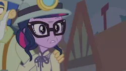 Size: 788x443 | Tagged: safe, derpibooru import, screencap, flash sentry, sci-twi, twilight sparkle, equestria girls, equestria girls series, opening night, facial hair, fake beard, glasses, hard hat, makeup, male, opening night: twilight sparkle, shipping fuel, wrinkles