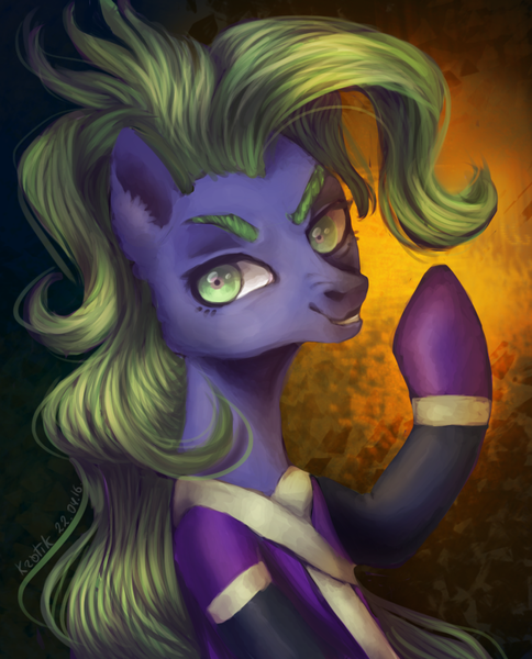 Size: 806x1000 | Tagged: safe, artist:krotik, derpibooru import, mane-iac, earth pony, pony, smiling, solo